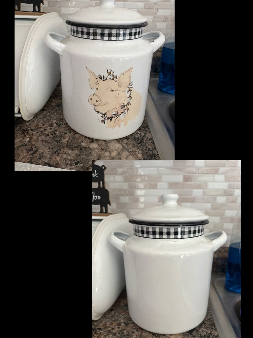 White Ceramic Farmhouse Canister with Pig Motif and Gingham Rim
